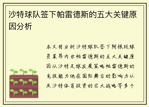 沙特球队签下帕雷德斯的五大关键原因分析
