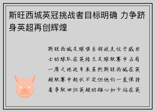 斯旺西城英冠挑战者目标明确 力争跻身英超再创辉煌